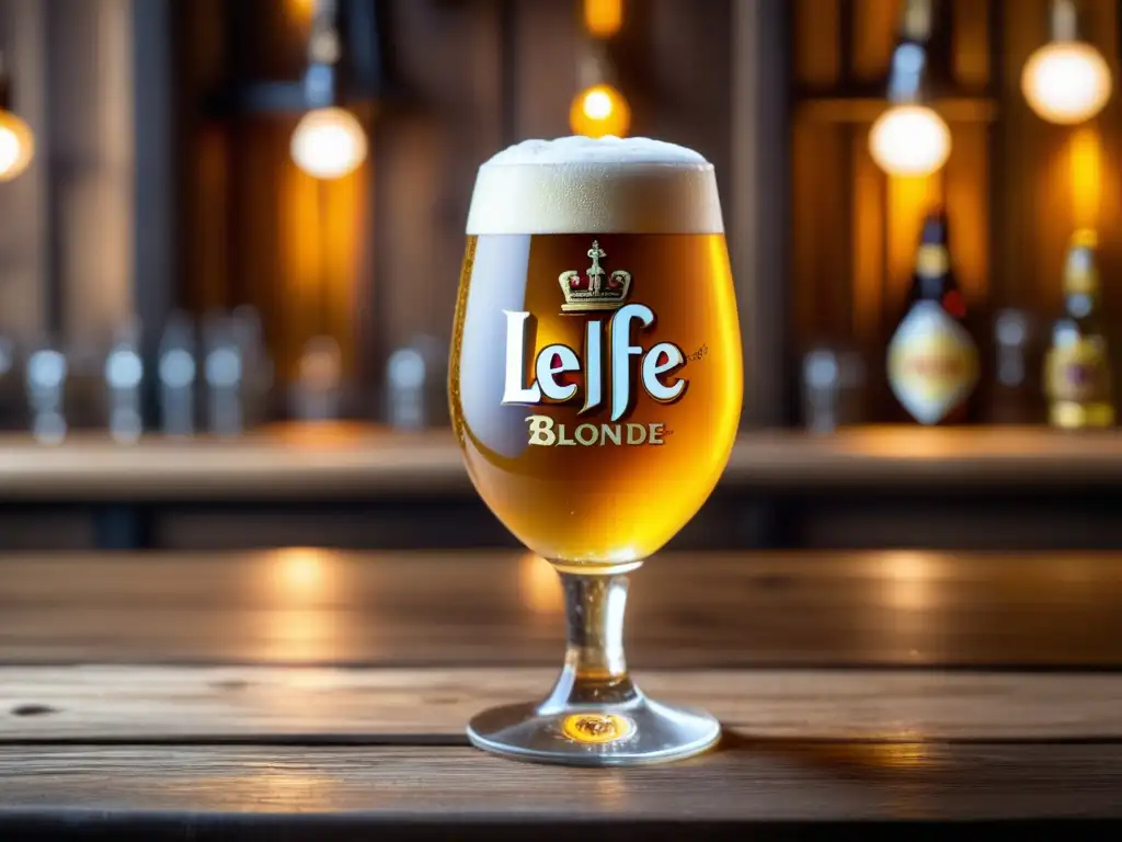 Imagen detallada de una cerveza Leffe Blonde en una mesa de madera rústica