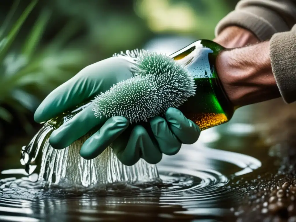 Manos limpiando minuciosamente una botella de cerveza bajo agua con guantes - Conocimientos Cerveceros