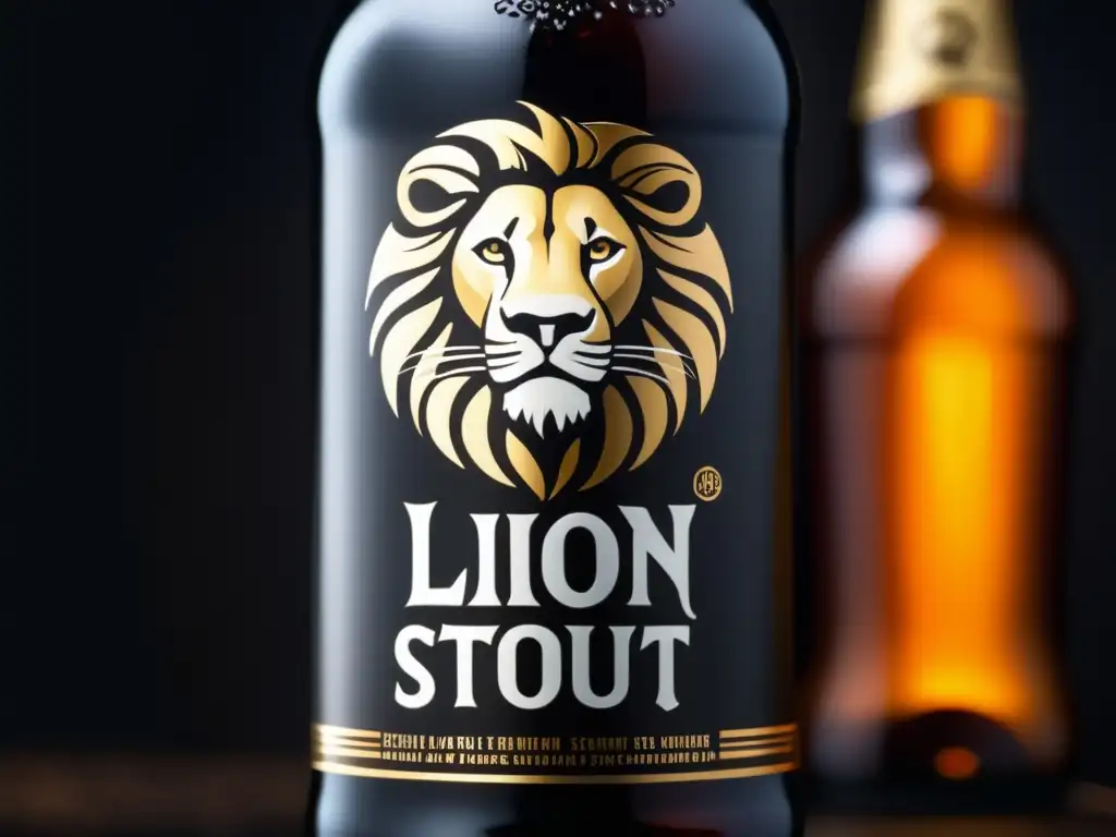 Botella de Lion Stout, destacando su superficie texturizada con el logotipo del león y la tipografía elegante