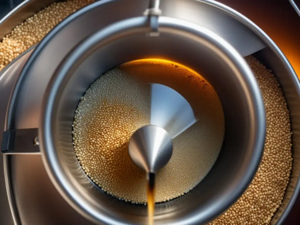 Detalle de una olla de preparación con cebada malteada y agua caliente en proceso de maceración