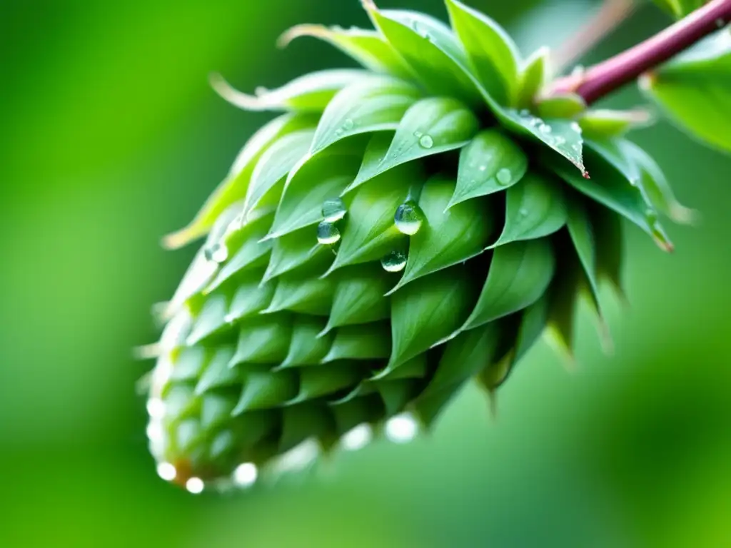 Una exquisita imagen de un cono de lúpulo verde vibrante con gotas de agua, enfoque perfecto, vellos finos y textura suave