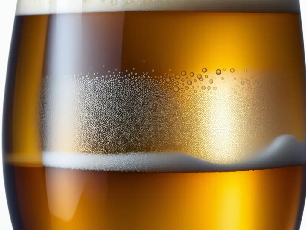 Secreto de Expertos: Cerveza dorada con burbujas y espuma, reflejando la luz y destacando los detalles del líquido en el borde