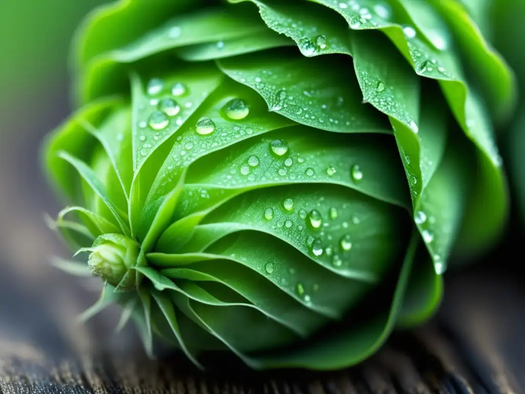 Lúpulo en Profundidad: Cono verde vibrante con gotas de rocío resaltando los detalles y texturas de su estructura