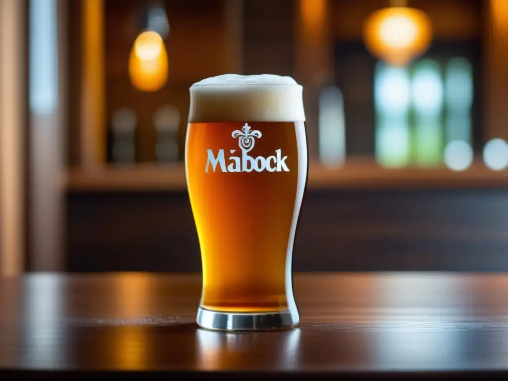 Vaso Maibock cerveza ámbar con condensación y detalle logo, elegante sobre tabla de madera