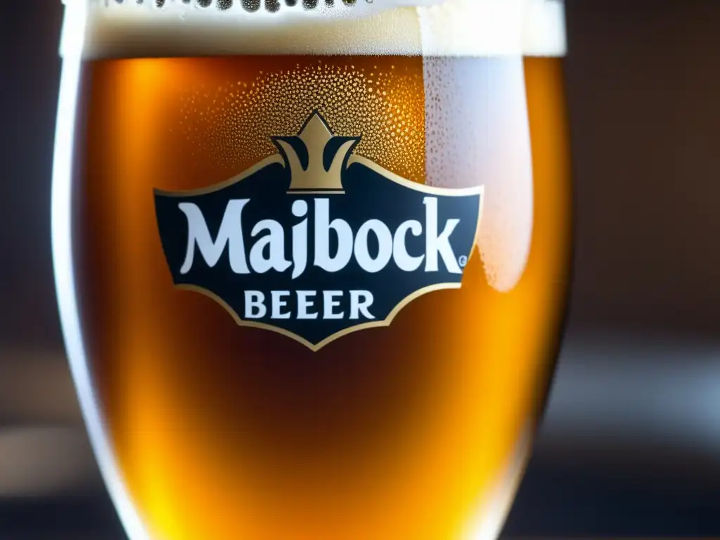 Maibock dorado, líquido claro y burbujeante en vaso elegante