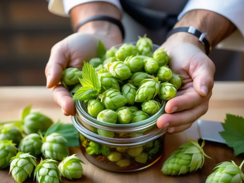 Colaboraciones culinarias: chef colocando delicadamente lúpulos frescos y vibrantes en un tarro de vidrio