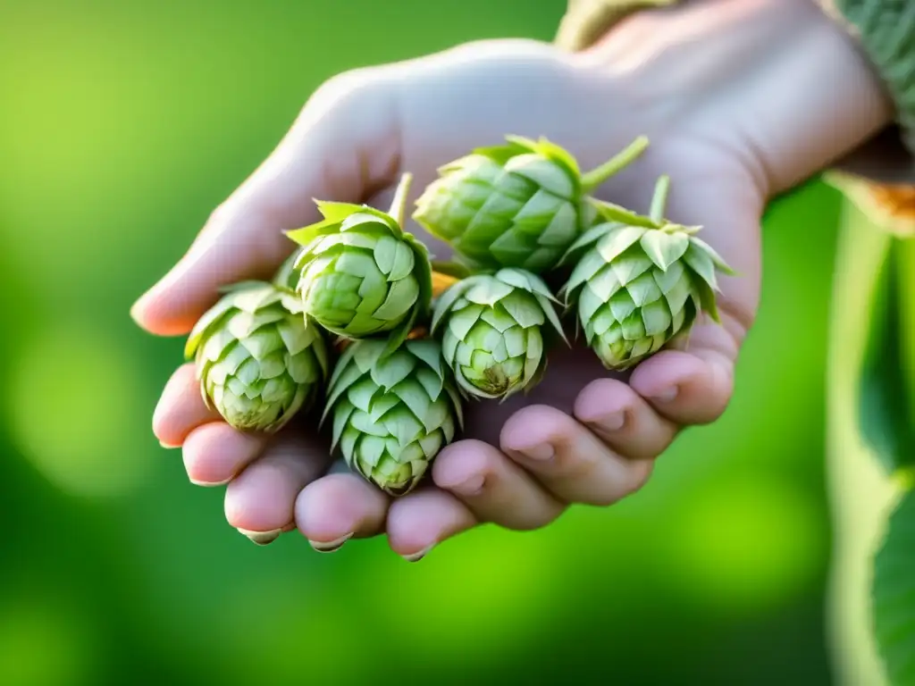 Mano sosteniendo conos de lúpulo fresco, técnica de dry hopping (109 caracteres)