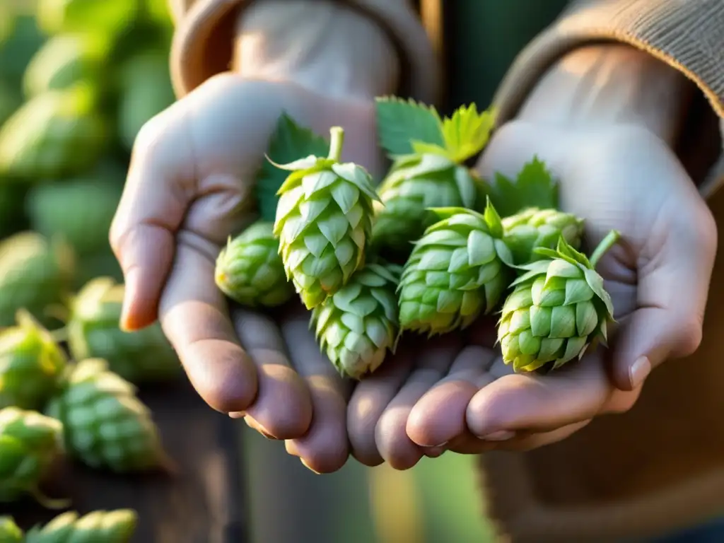 Experiencia Artesanal: Detallada imagen de mano de cervecero sosteniendo lúpulos frescos, resaltando sus patrones y texturas naturales