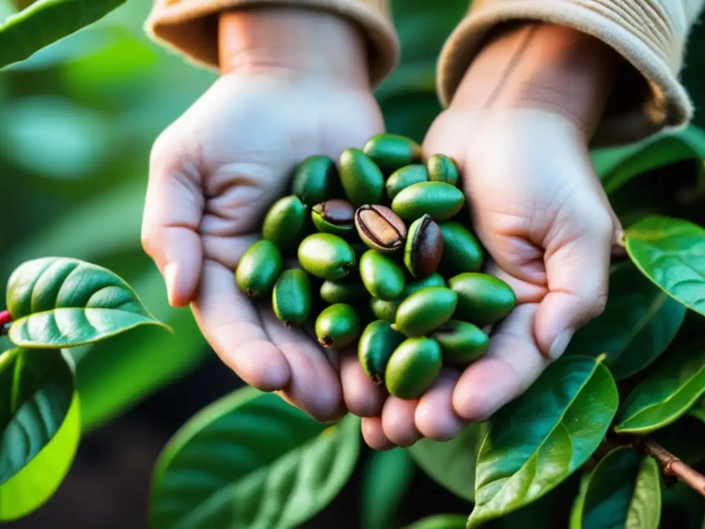 Café recién cosechado y detalles de los granos desde el grano