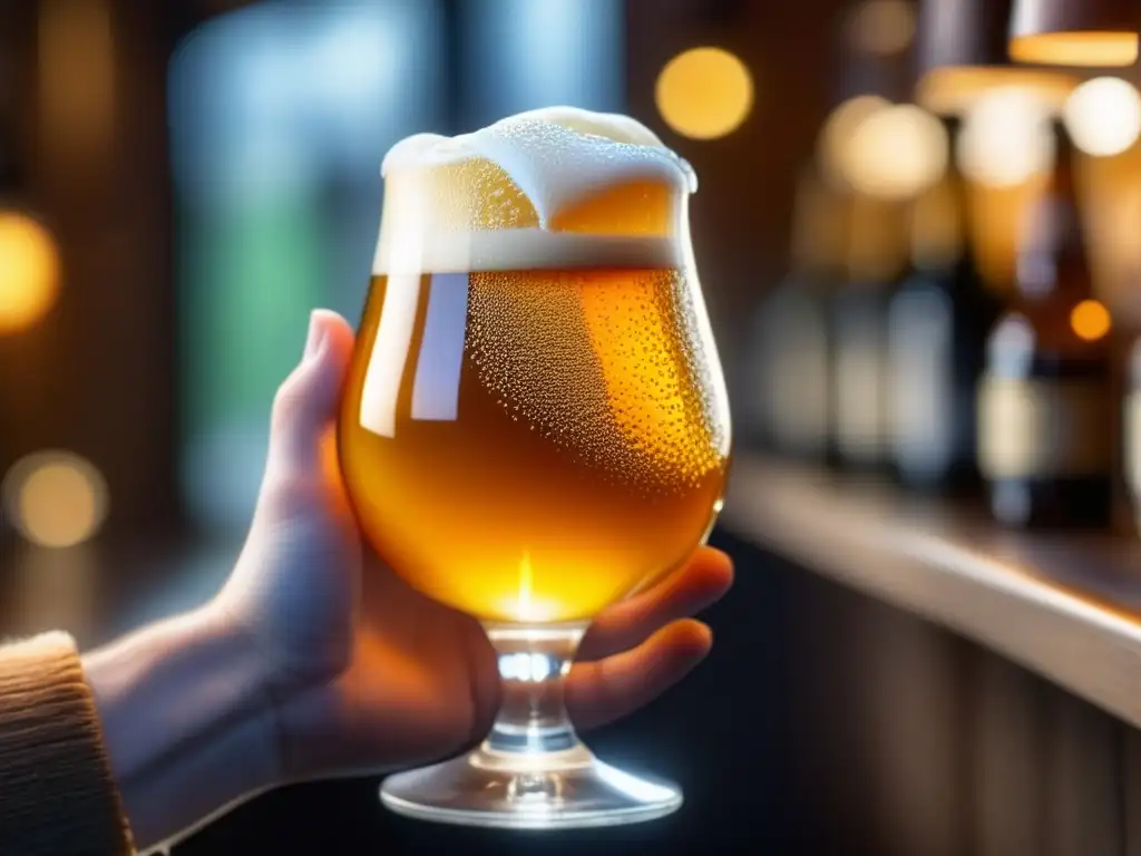 Una imagen de una mano sosteniendo una copa de cerveza artesanal dorada con burbujas y una iluminación cálida, destacando su color ámbar y claridad