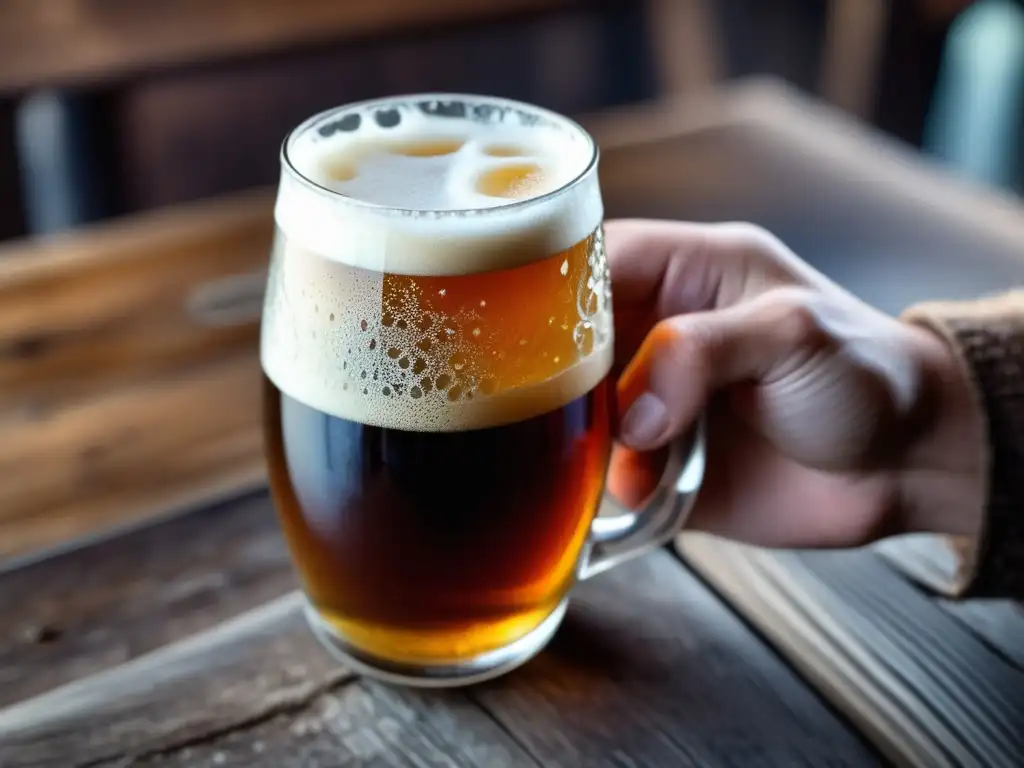 Experiencia Artesanal: mano sosteniendo cerveza ámbar con espuma blanca en mesa de madera rústica