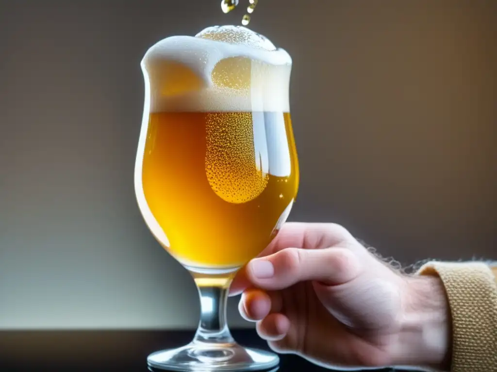 Cerveza dorada en copa tulipán con burbujas y espuma blanca