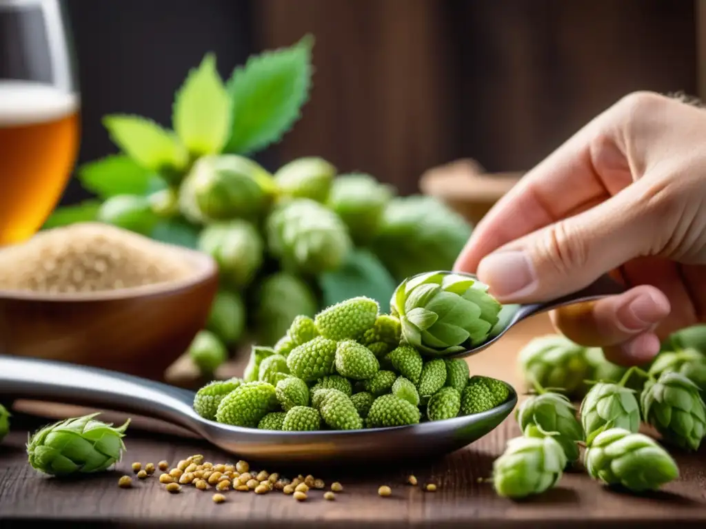 Elaboración artesanal de cerveza con detalle de mano sosteniendo cuchara medidora llena de lúpulo y ingredientes de cocción