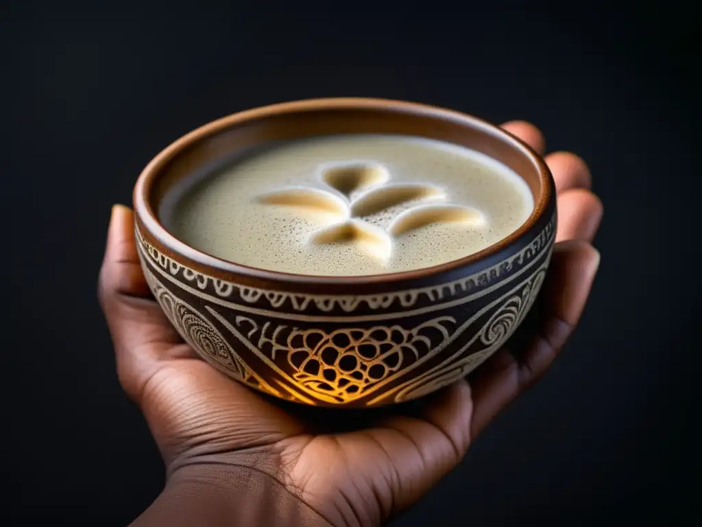 Mano sosteniendo tazón de kava, bebida tradicional de las Islas del Pacífico, con detalles elaborados y texturas delicadas en fondo oscuro