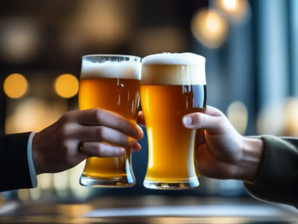 Comunidad cervecera colaborativa con manos brindando cerveza y ambiente elegante