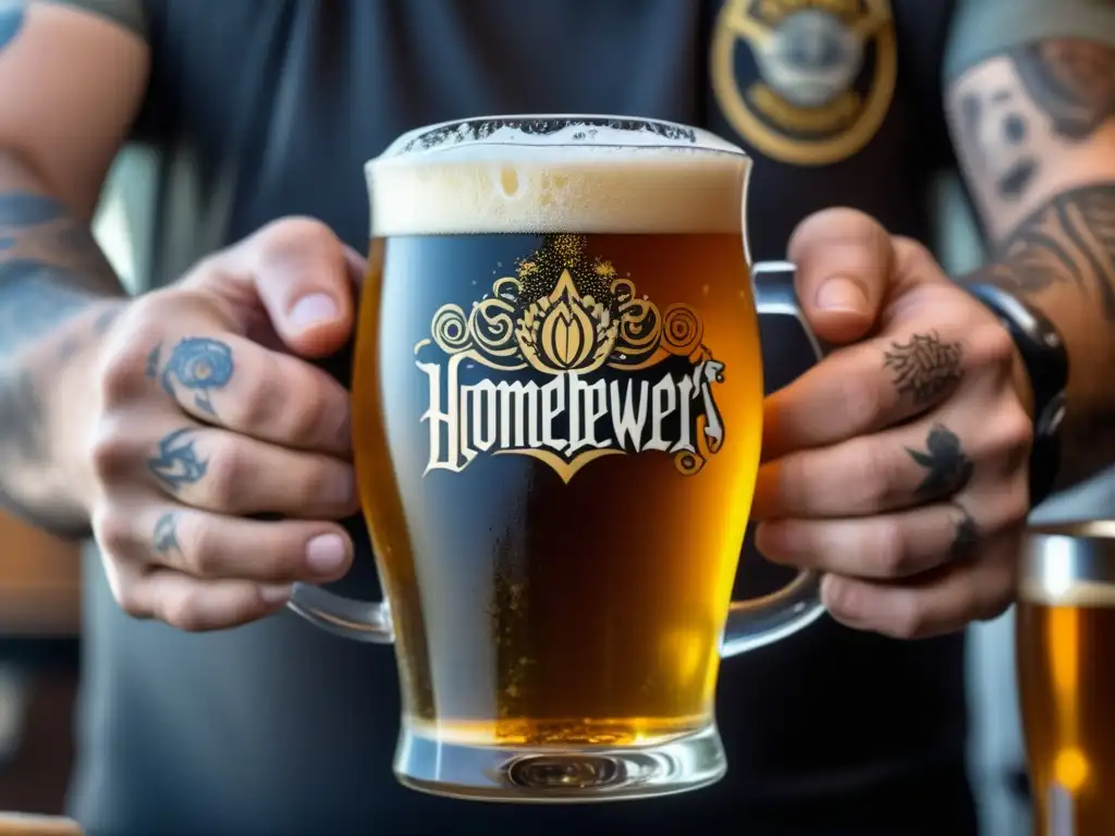 Manos del homebrewer sosteniendo una cerveza, detalle en 8k - homebrewing influencia