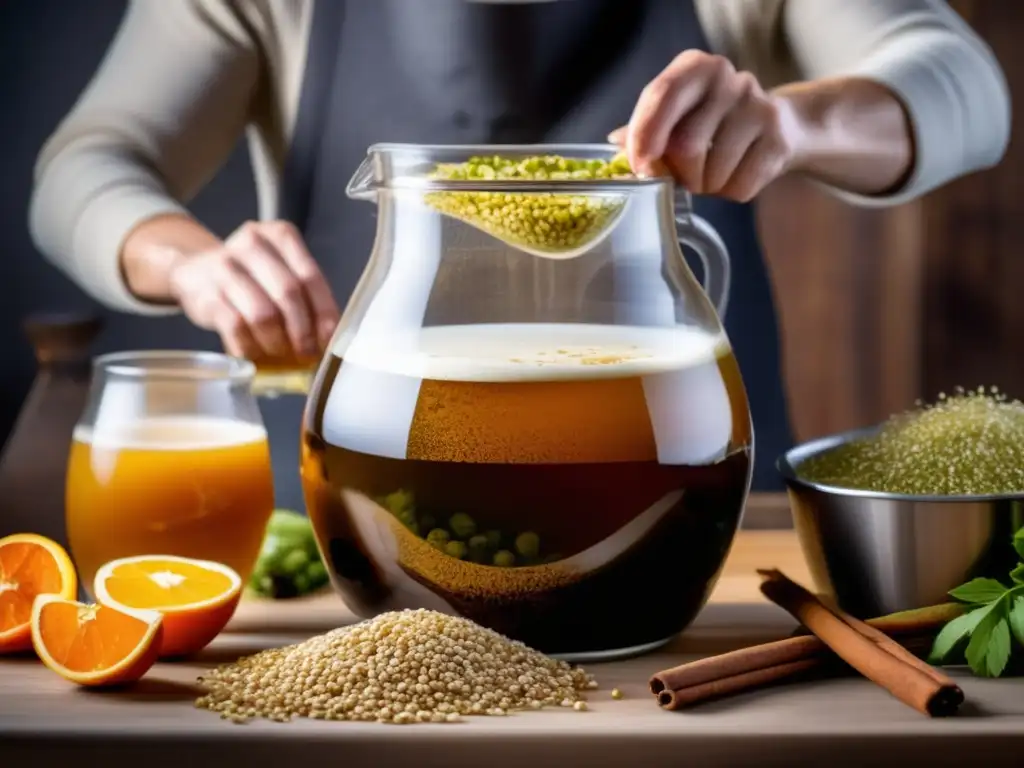 Manos del cervecero agregando ingredientes a un fermentador: recetas homebrewing