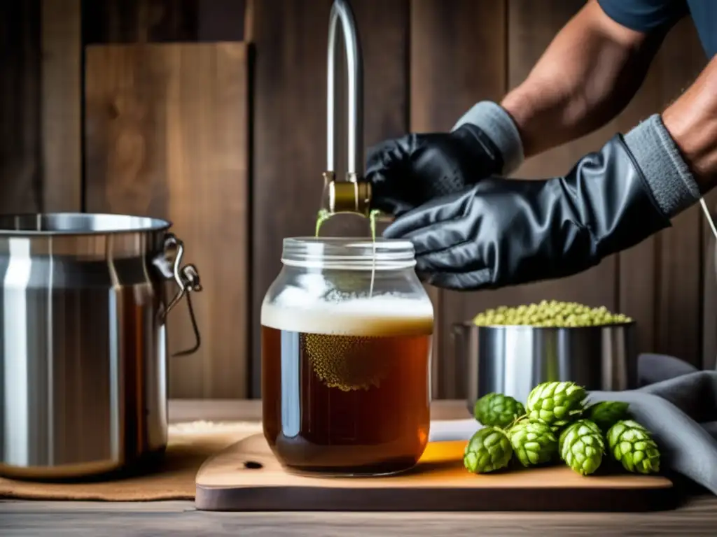 Imagen de un homebrewer vertiendo lúpulo en jarra de vidrio con wort hirviendo en mesa de madera - Kit todo en uno