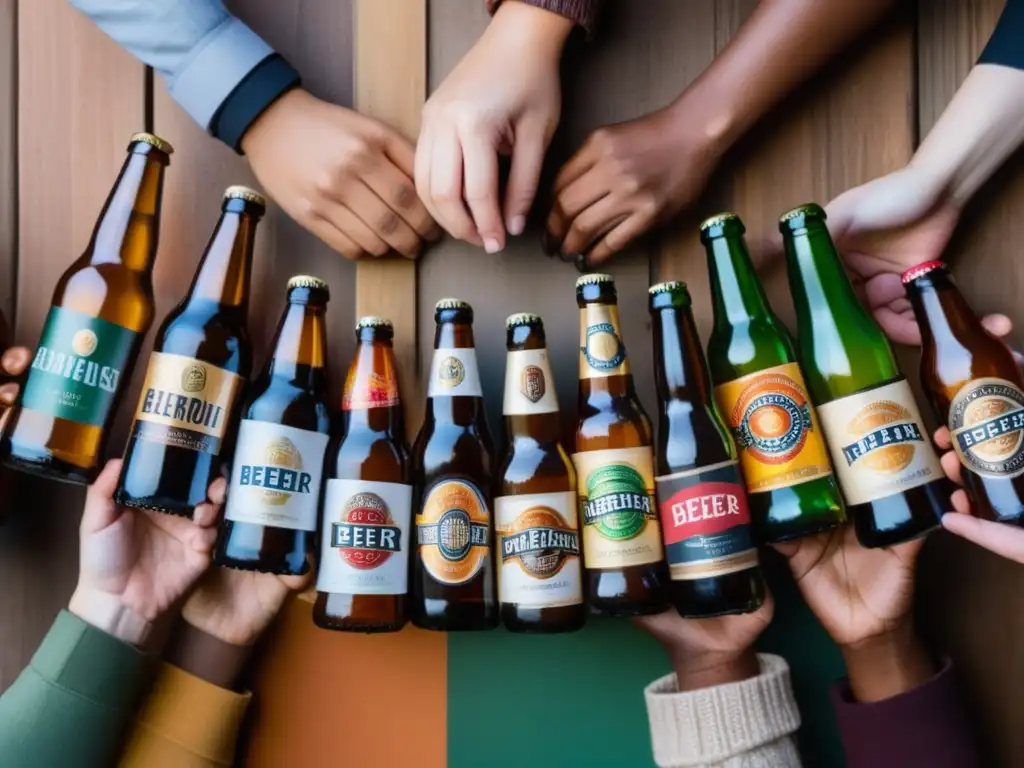 Mercado Diverso: manos diversas sostienen botellas de cerveza, resaltando variedad e inclusión