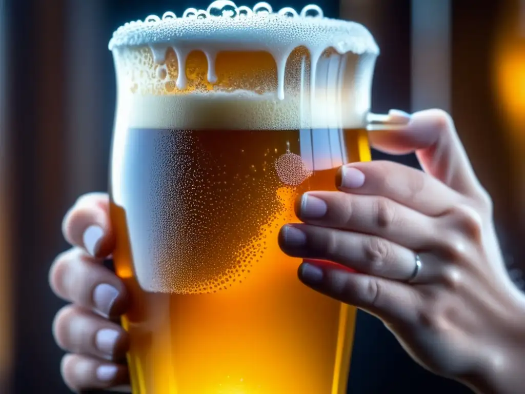 Manos femeninas sujetando delicadamente una copa de cerveza artesanal ámbar con condensación y burbujas, destacando la presencia de mujeres cerveceras