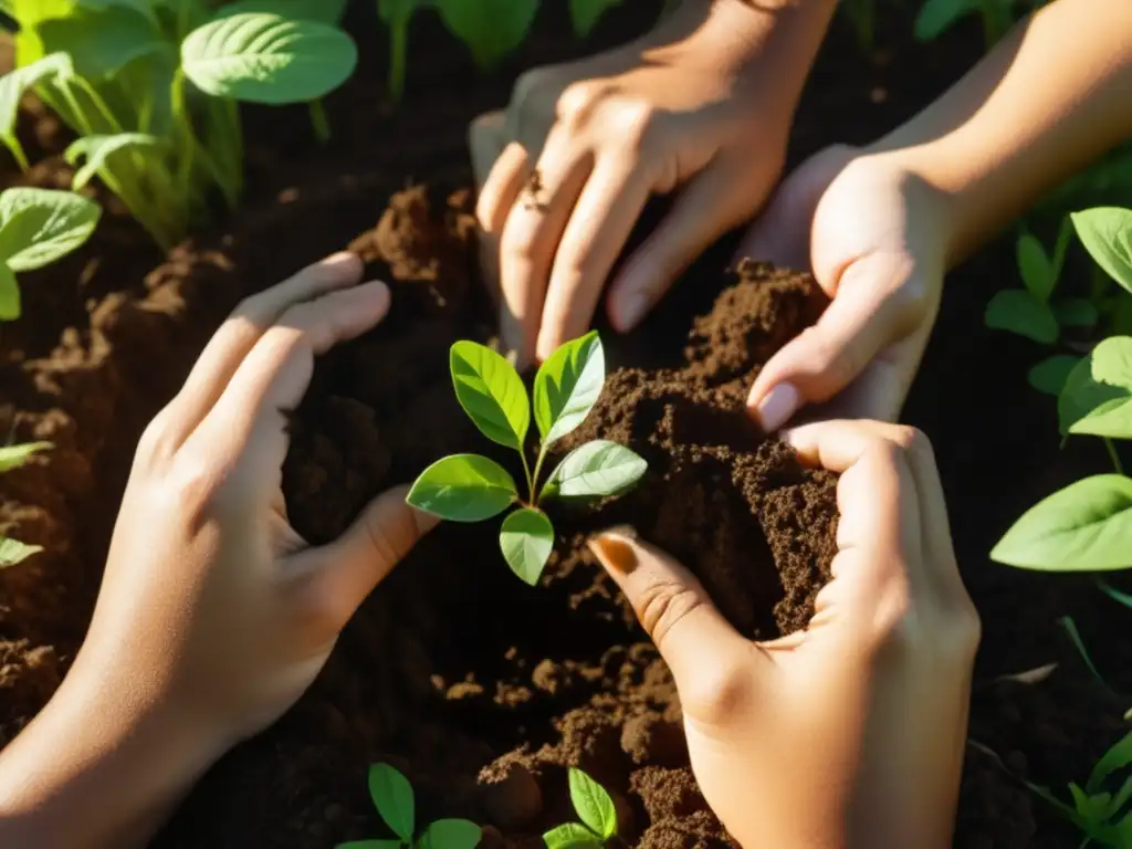 Compromiso social: Manos plantando árboles en campo verde, detalle en 8k