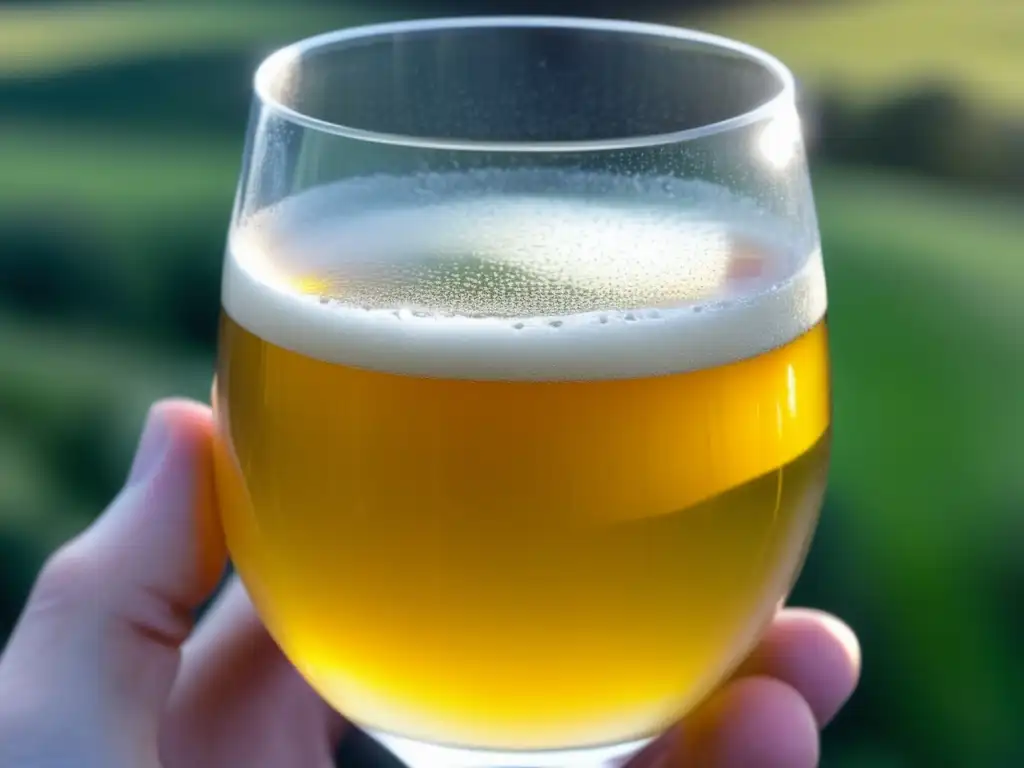 Una mano sostiene un vaso de sidra asturiana dorada, burbujeante y refrescante