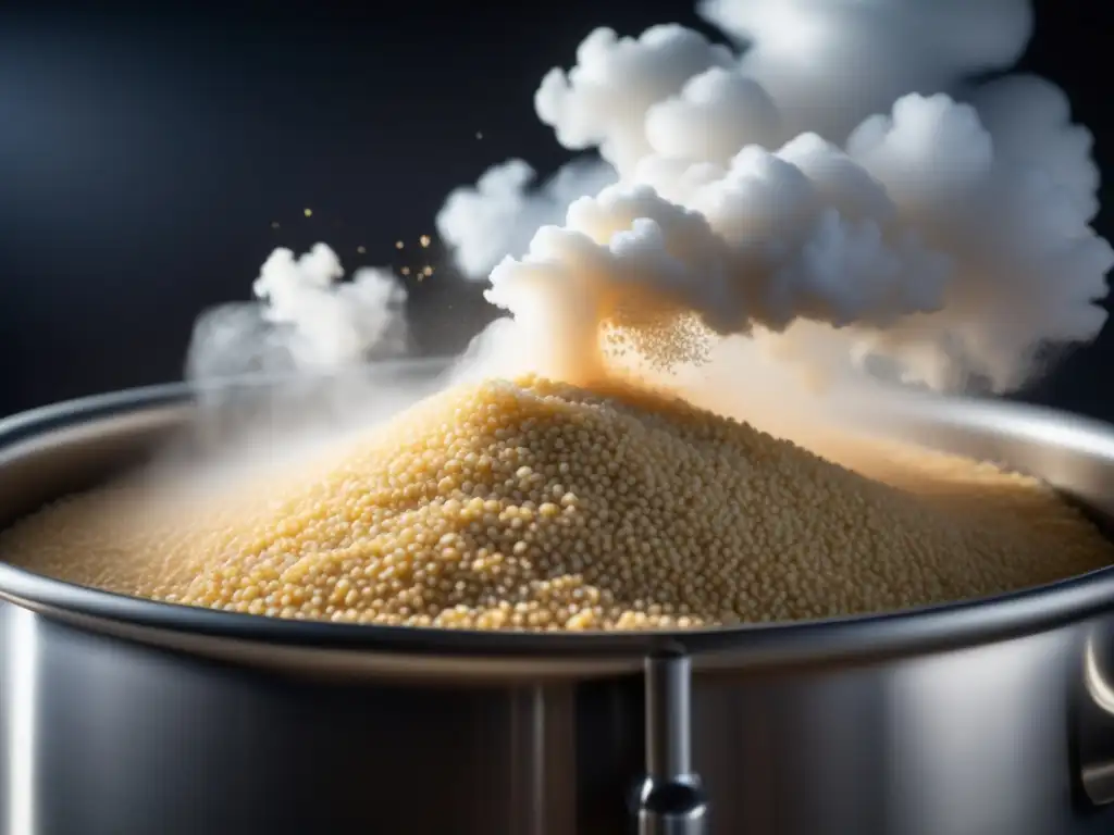 Mash tun con grano y agua caliente, destacando textura y colores