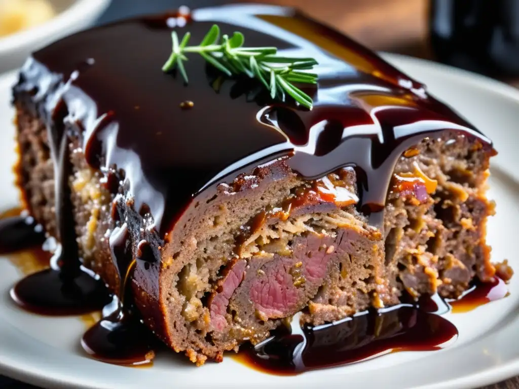 Delicioso meatloaf con glaseado brillante acompañado de cerveza Bock fría