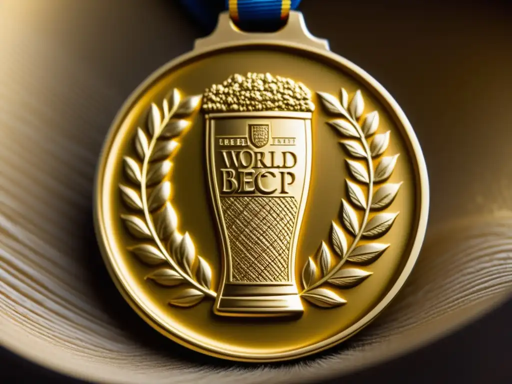 Medalla de oro de los Premios Cerveceros, detalle ultradetallado y elegante, con diseño grabado de lúpulo, cebada y cerveza