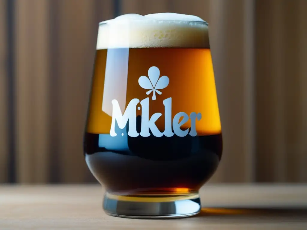 Detalles de vaso Mikkeller cerveza artesanal, color ámbar, espuma cremosa