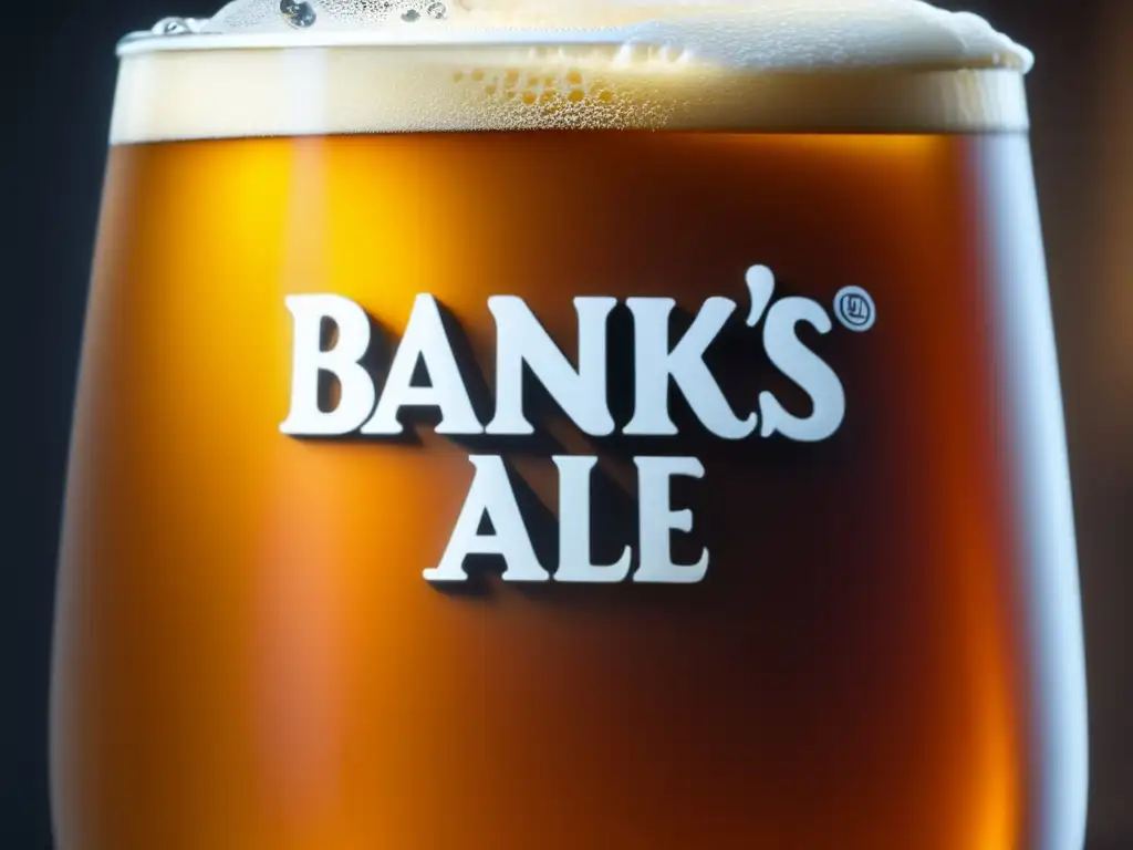 Closeup de una cerveza Banks's Mild Ale, con color ámbar, burbujas efervescentes y espuma cremosa