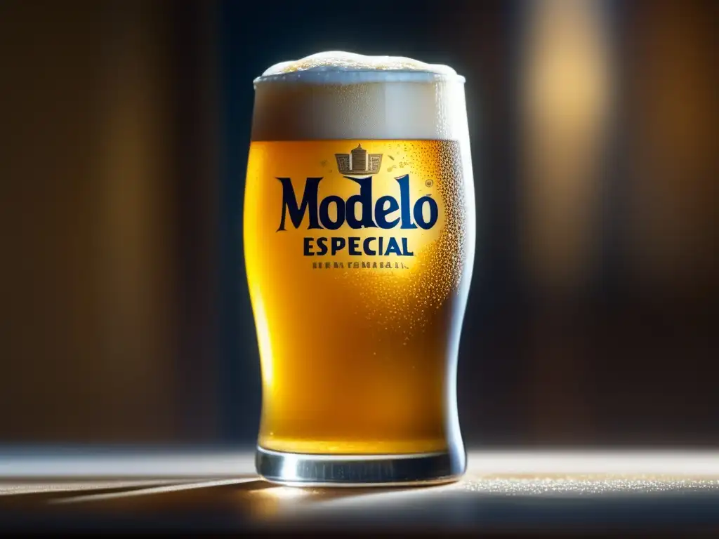 Cerveza Modelo Especial en vaso alto con burbujas y condensación