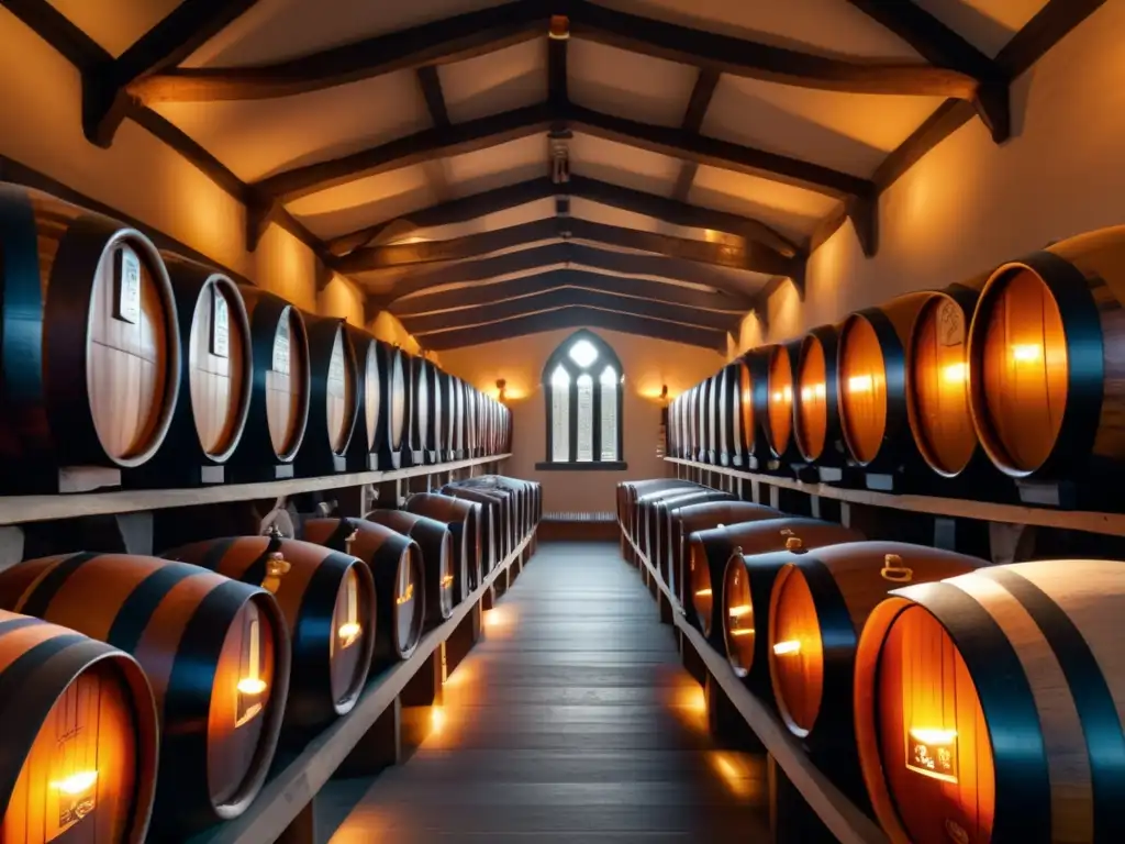 Barriles de monasterio de madera llenos de cervezas Trappist, con etiquetas de símbolos monásticos