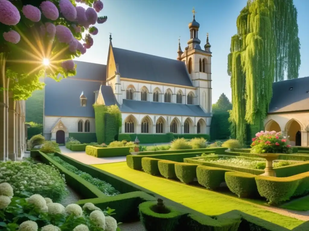 Un monasterio belga rodeado de exuberante vegetación, con detalles arquitectónicos intrincados y paredes de piedra desgastadas