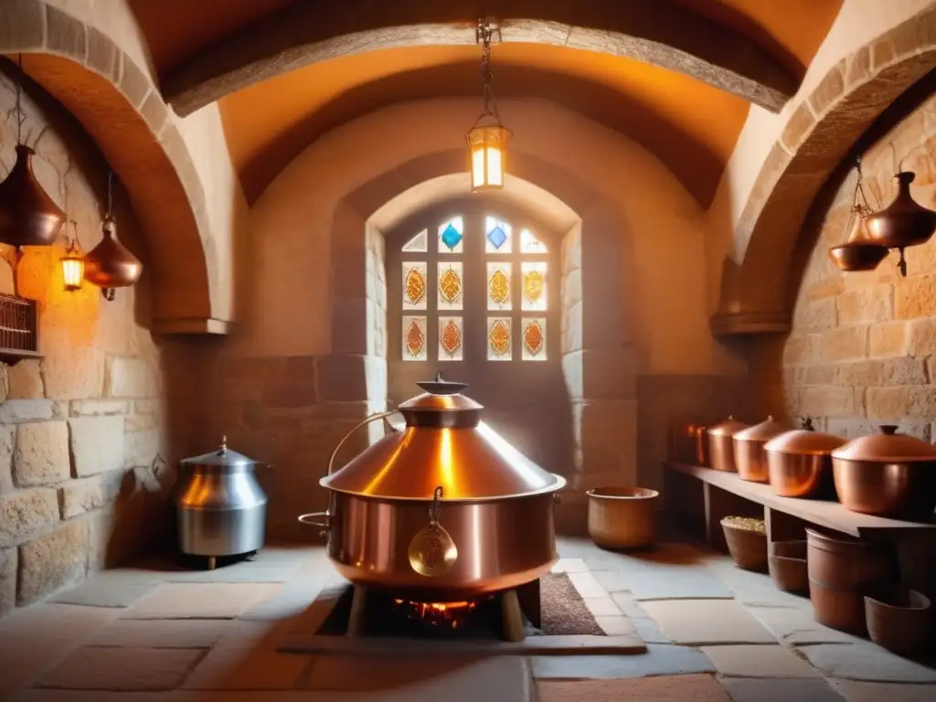 Los Monasterios Europeos: Sala de cervecería tradicional, con luz dorada filtrándose por vitrales, un gran caldero de cobre y barriles de madera