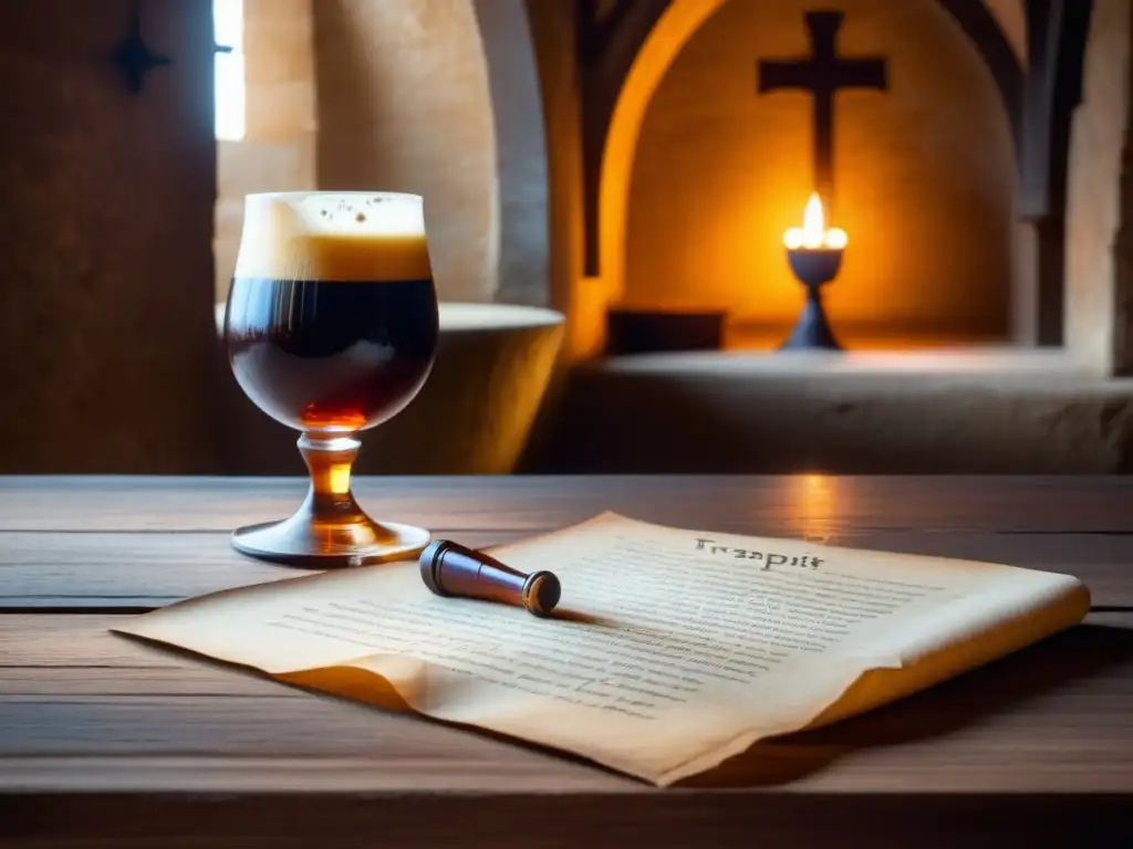 La Leyenda del Monje y la Levadura: Detallada imagen de una mesa de madera rústica en una bodega de un monasterio, iluminada suavemente