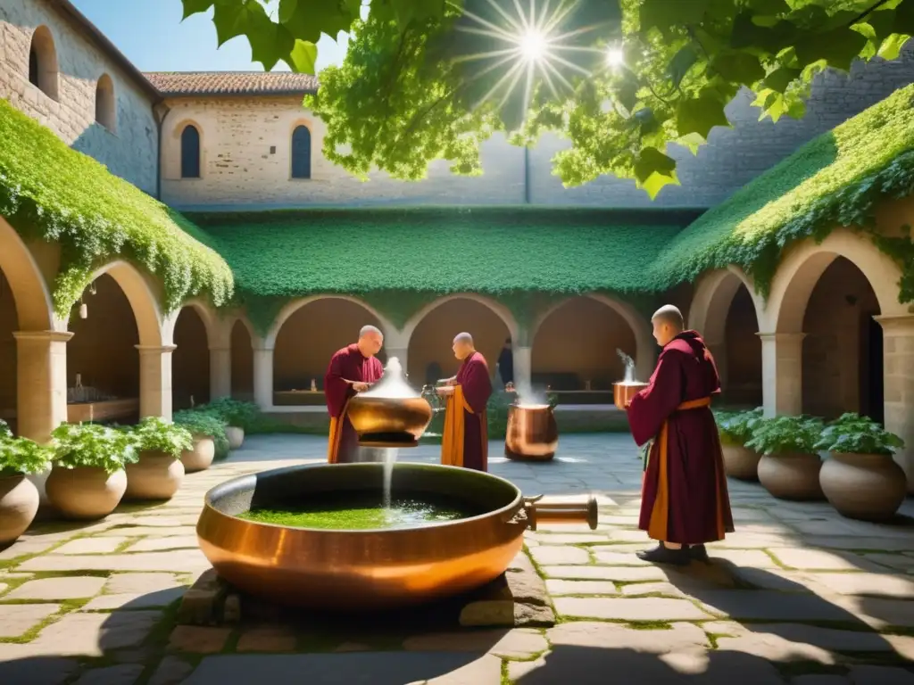 Los Monasterios Europeos: Monjes elaborando cerveza en un tranquilo patio rodeado de muros de piedra cubiertos de hiedra verde