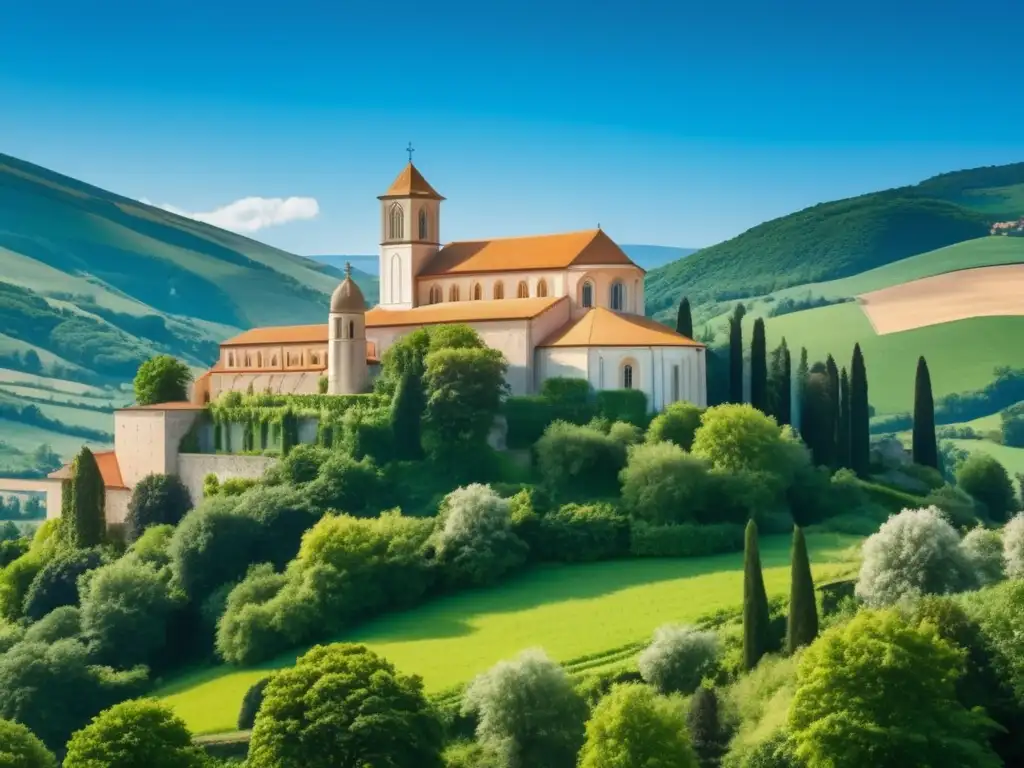 Los Monasterios Europeos- Un impresionante panorama de un sereno monasterio europeo rodeado de exuberante vegetación