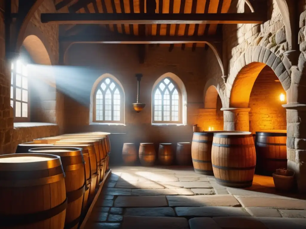 Interior de una cervecería medieval de monjes y cerveza: barriles de madera, luz tenue y un monje inspeccionando una cerveza ámbar