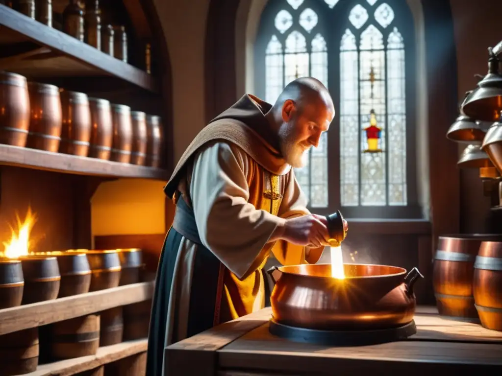 Monje medieval elaborando cerveza en monasterio - detalles y colores ricos en imagen vintage