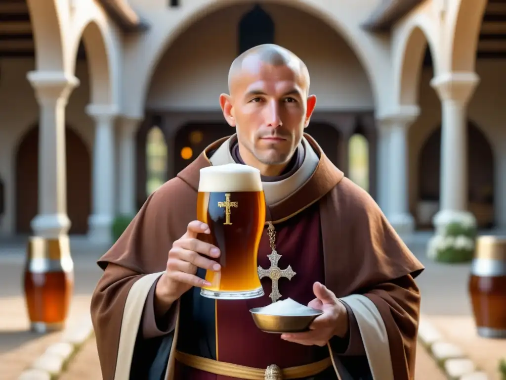 Monje Trappist disfrutando de cerveza belga en un tranquilo patio del monasterio