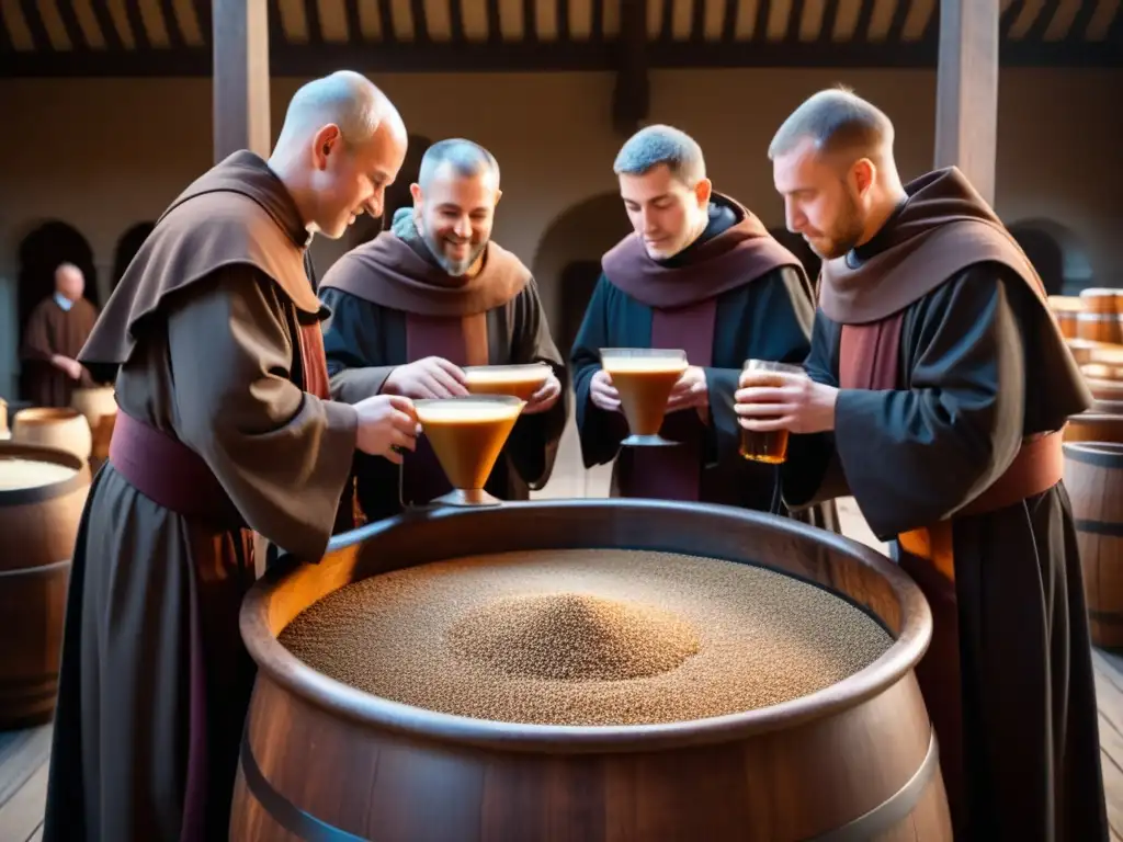 Trappist monks in Belgium brewing; traditional robes, meticulous process, captivating pattern, textured wood, grains, timelessness