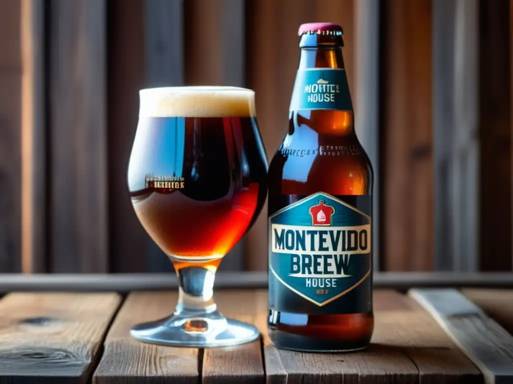 Detallada imagen de una Red Ale de Montevideo Brew House en vaso de vidrio sobre mesa de madera rústica