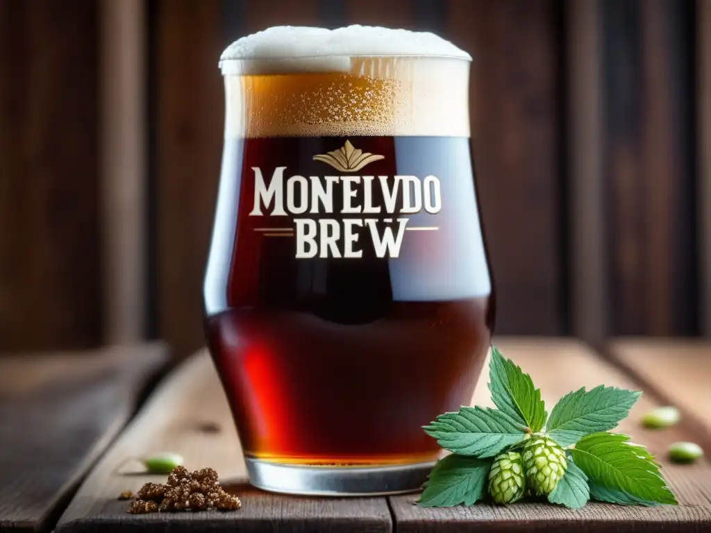 Imagen detallada: Vaso de Montevideo Brew House Red Ale, color ámbar con espuma, sobre mesa de madera rustica