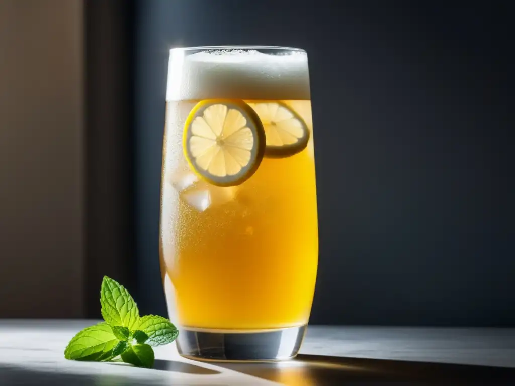 Vaso de Moritz Epidor Lager con limón y menta: una experiencia refrescante (110 caracteres)