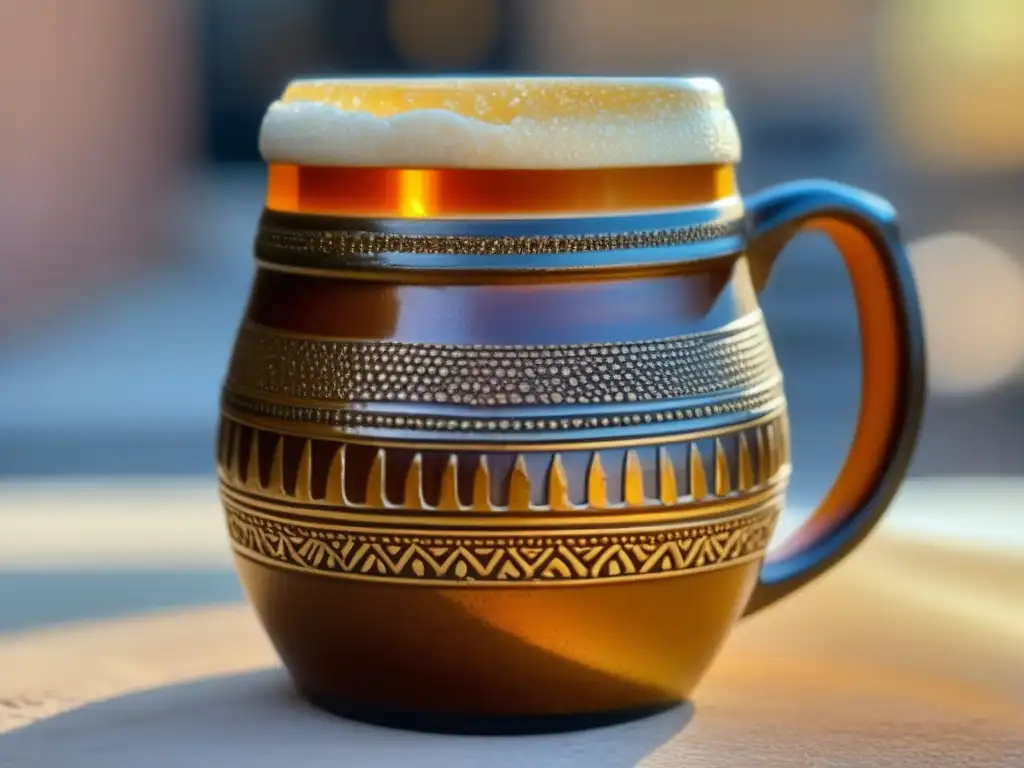 Cervecera Mesopotamia: Jarra cerámica llena de cerveza ámbar, con textura terrosa y patrones inspirados en Mesopotamia