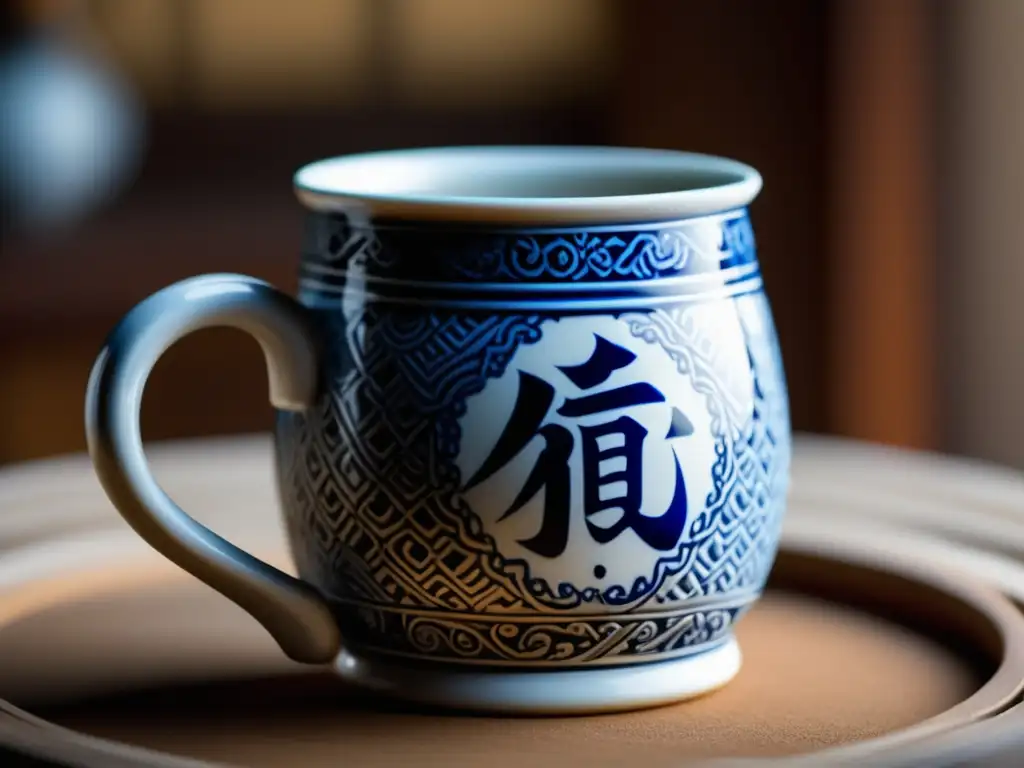 Taza de cerveza china antigua de porcelana, adornada con patrones y símbolos representativos de la historia y cultura de China