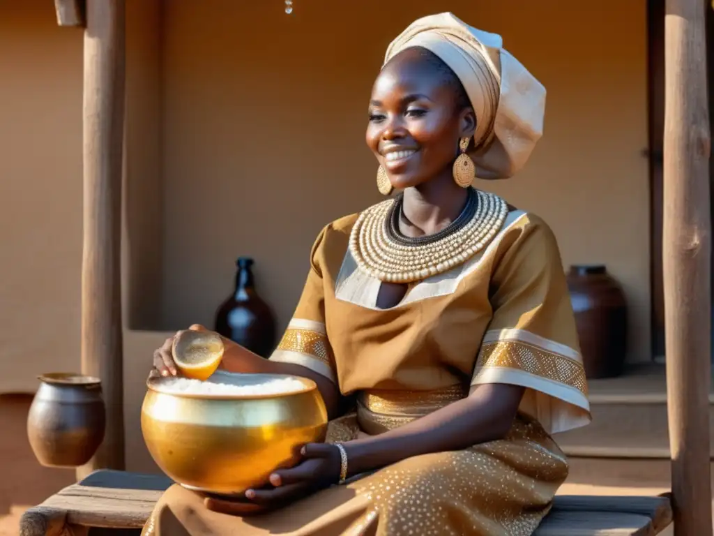 Mujer africana en tradicional vestimenta, sosteniendo una artesanal taza de cerveza dorada en un pueblo - Estilos del Mundo