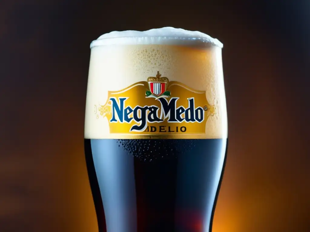 Una Negra Modelo: Cerveza oscura con textura suave y burbujas finas, en vaso elegante