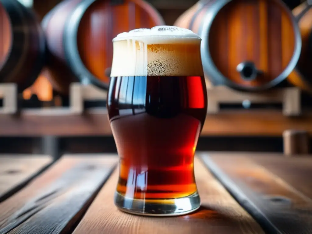 Closeup de cerveza Red Ale Oaxaca Roja en vaso sobre mesa de madera, con fondo borroso de equipo de cervecería y barriles